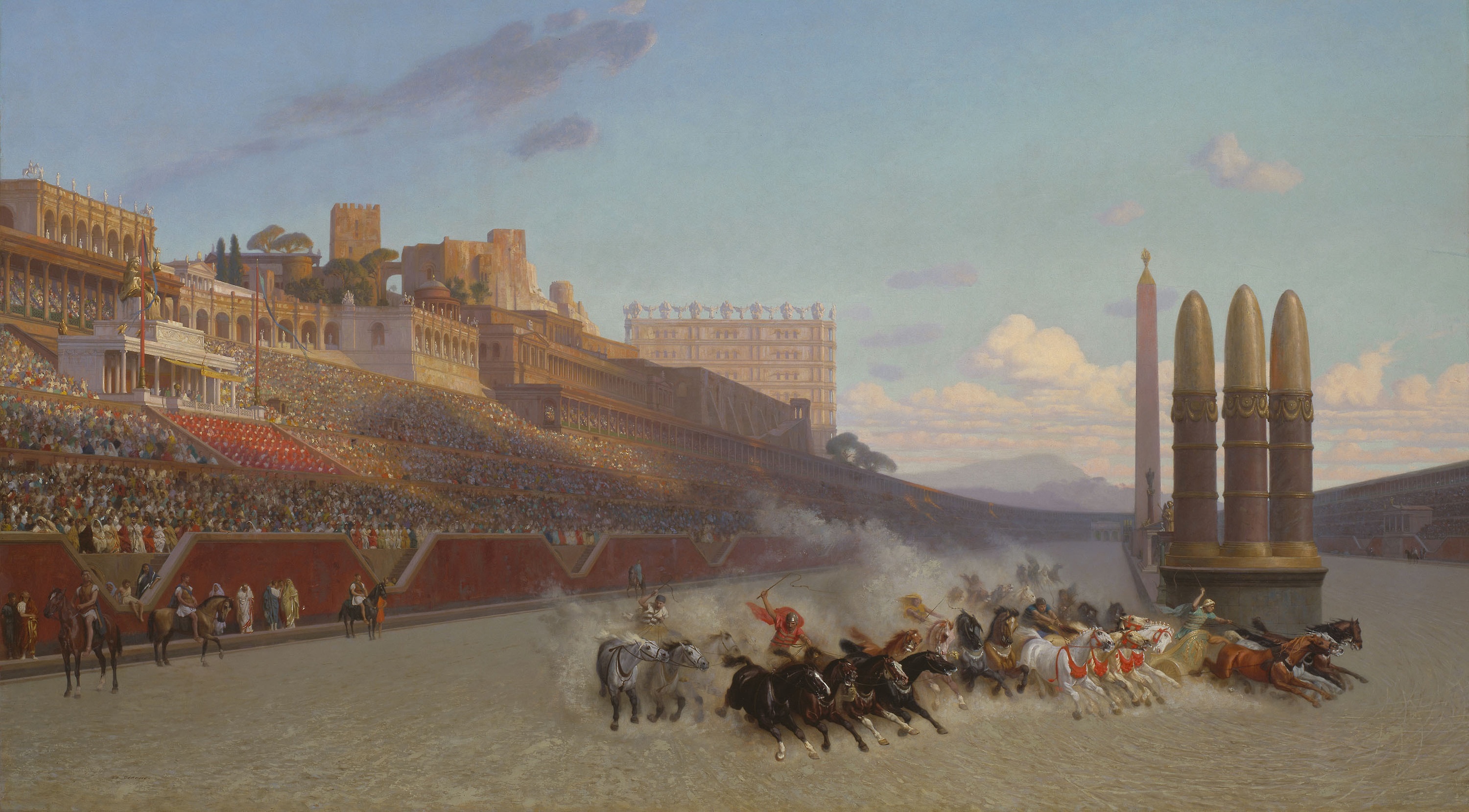 Moderne Abbildung (1876) von Jean Léon Gérôme eines Wagenrennens im Circus Maximus. Moderne Abbildung (1876) von Jean Léon Gérôme eines Wagenrennens im Circus Maximus.